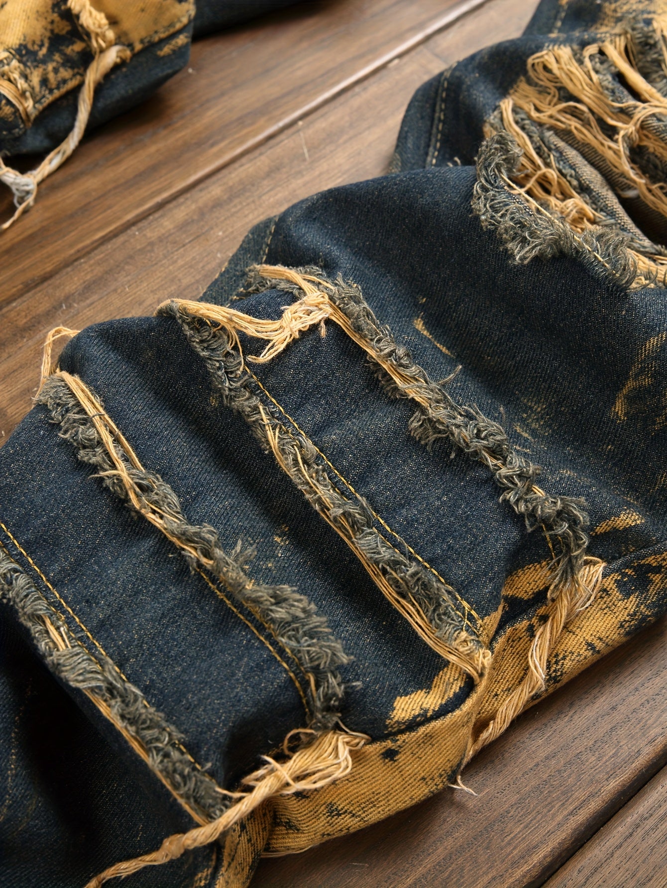 Fashion Trends Stacked Multi-post Fabric Tassels Holes Irregular Tie Flower Splashed Ink Jeans Casual Men's Trousers