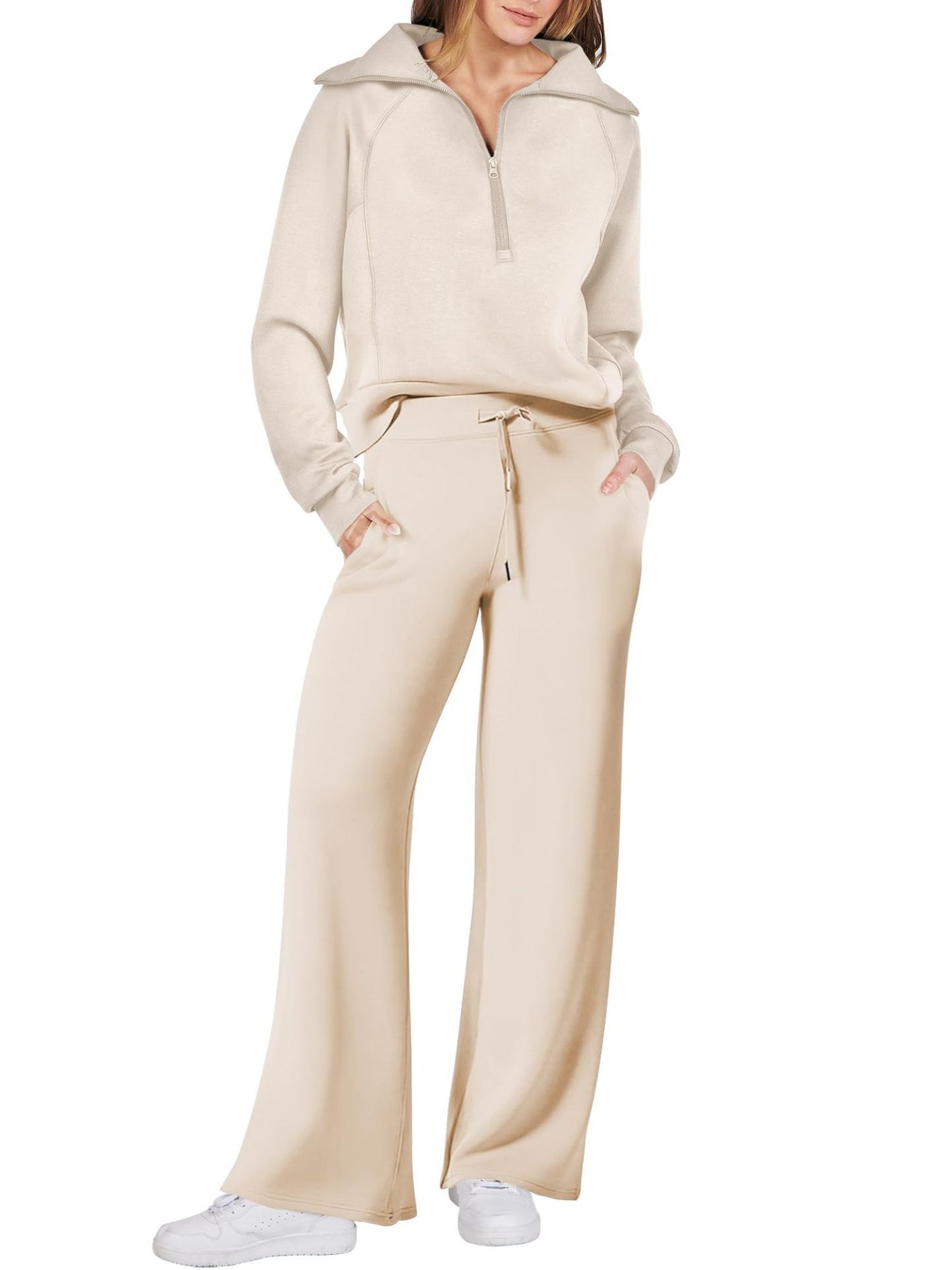 Spring/Autumn Casual Swear Set for Women, Zipper Long-Sleeve Sweatshirt and Wide-Leg Pants 2pcs Set