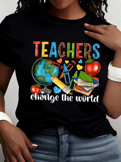 Round Neck Short Sleeve T-Shirt with a Teacher Pattern Print