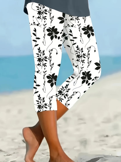 Women's Elegant Floral Print Capri Leggings - Stretchy, Machine Washable, All-Season Comfort Fit, Black & Gray Flower Design, Perfect for Beach Or Casual Attire, Beachwear Leggings | Elegant Highwaisted Leggings | Stretchy Fabric Leggings