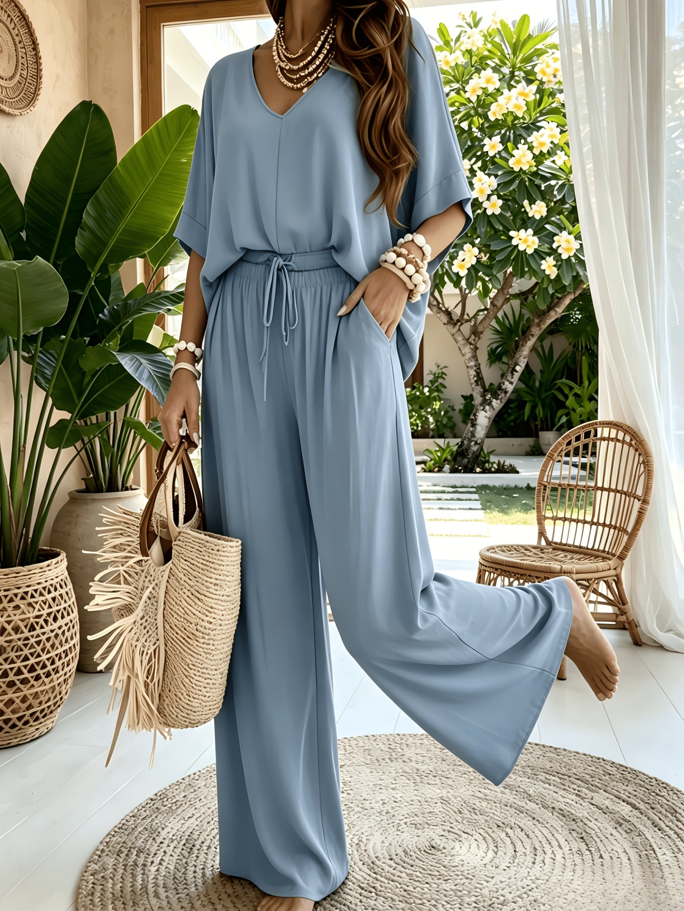 Women'S 2pcs V-Neck Wide Leg Pants Set - Boho Short Sleeve Loose Top & Drawstring Waist Outfit, Summer Beach Loungewear For Vacation, Perfect For Holiday And Daily Wear