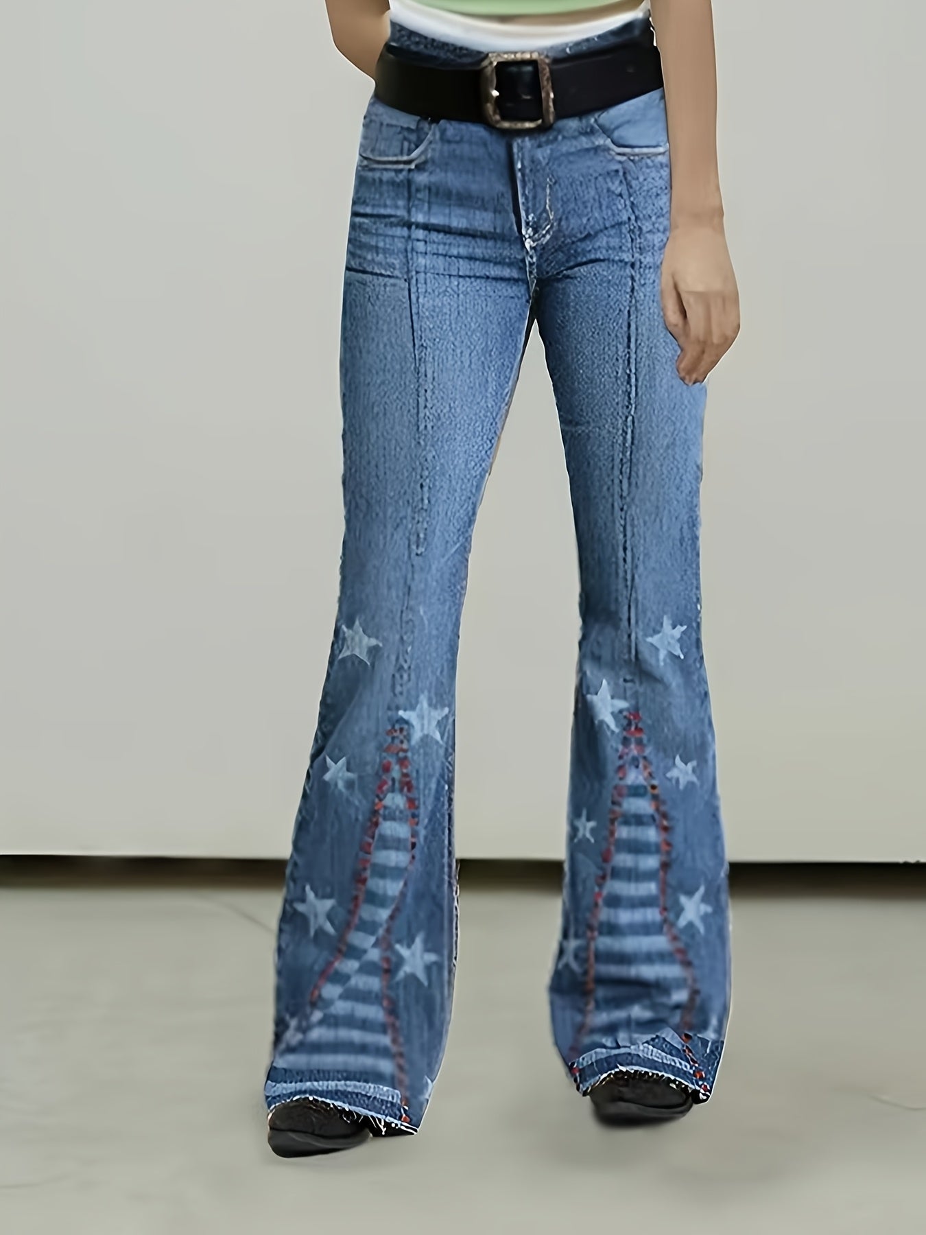 HME Women's Star Print Slim Fit Ankle Patchwork Stretch Flare Jeans, Belt Not Included