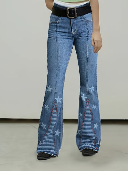 HME Women's Star Print Slim Fit Ankle Patchwork Stretch Flare Jeans, Belt Not Included