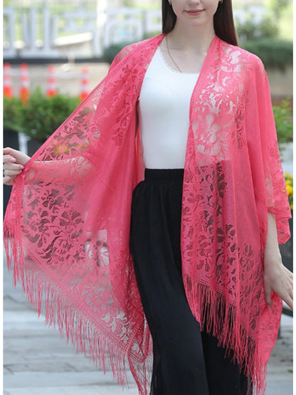 Woman's Plus Size Boho Cover Up, Lace Kimono, Women's Plus Floral Lace Batwing Sleeve Cover-Up, Open Front Tassel Trim Kimono, Lightweight Beach Cover Up