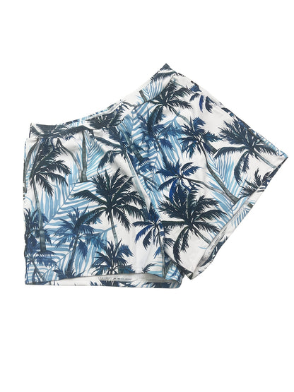 Women's Large-sized Design-inspired Tankini 2pcs Swimsuit Set, with Crossed Pleated Ruffled Skirt at the Front, Square-neck Striped Top Paired with Flat-leg Tropical Print Shorts. Ideal for Beach and Resort Holiday Parties.