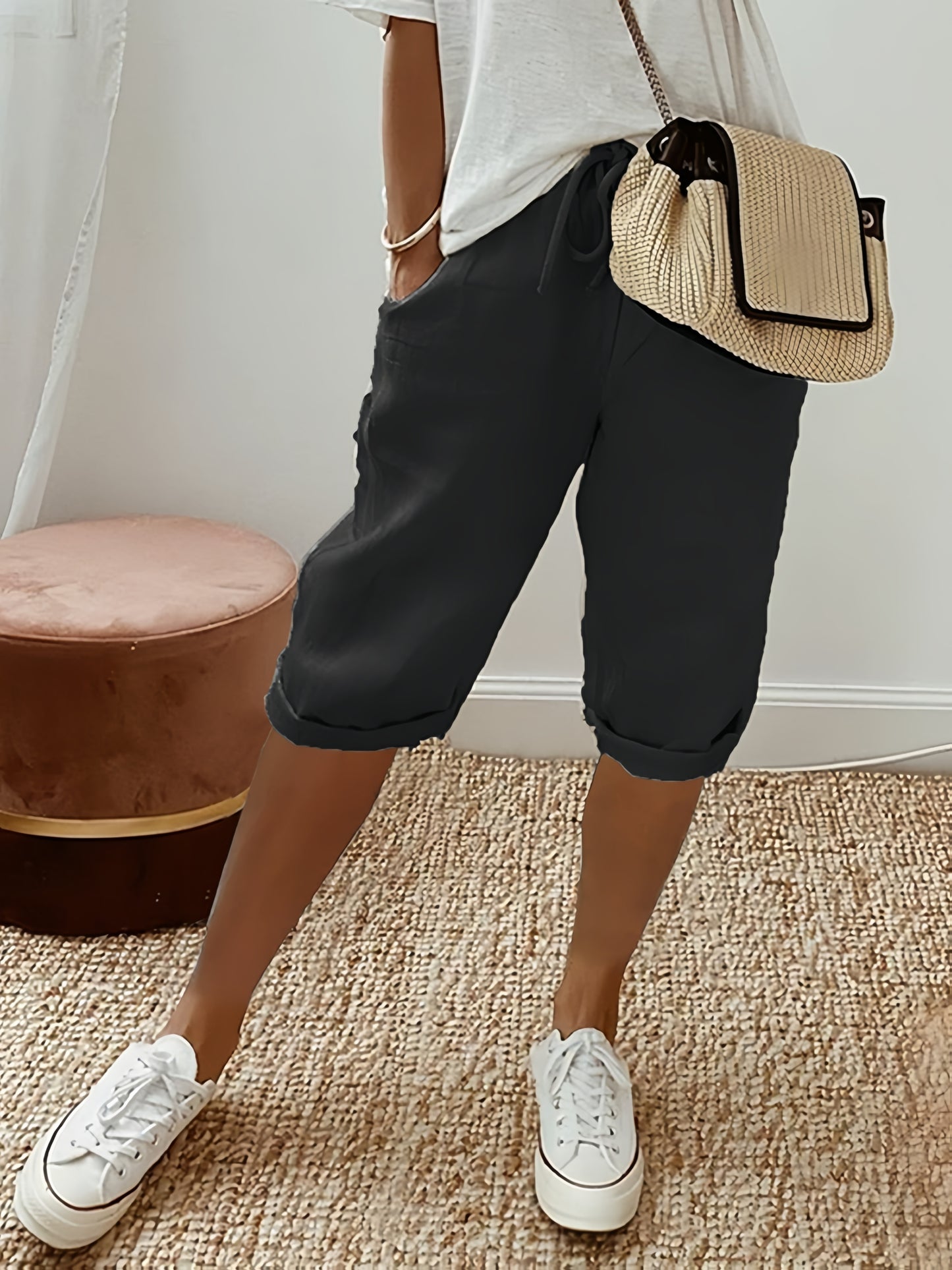 Three-Piece Contract for Summer Laziness! Boyfriend Wind Capri Pants Set, Refreshing And, Drawstring Waist + Curled Trousers + Pockets, from Home to Beach, a Set Unlocks a Casual Holiday Feeling.