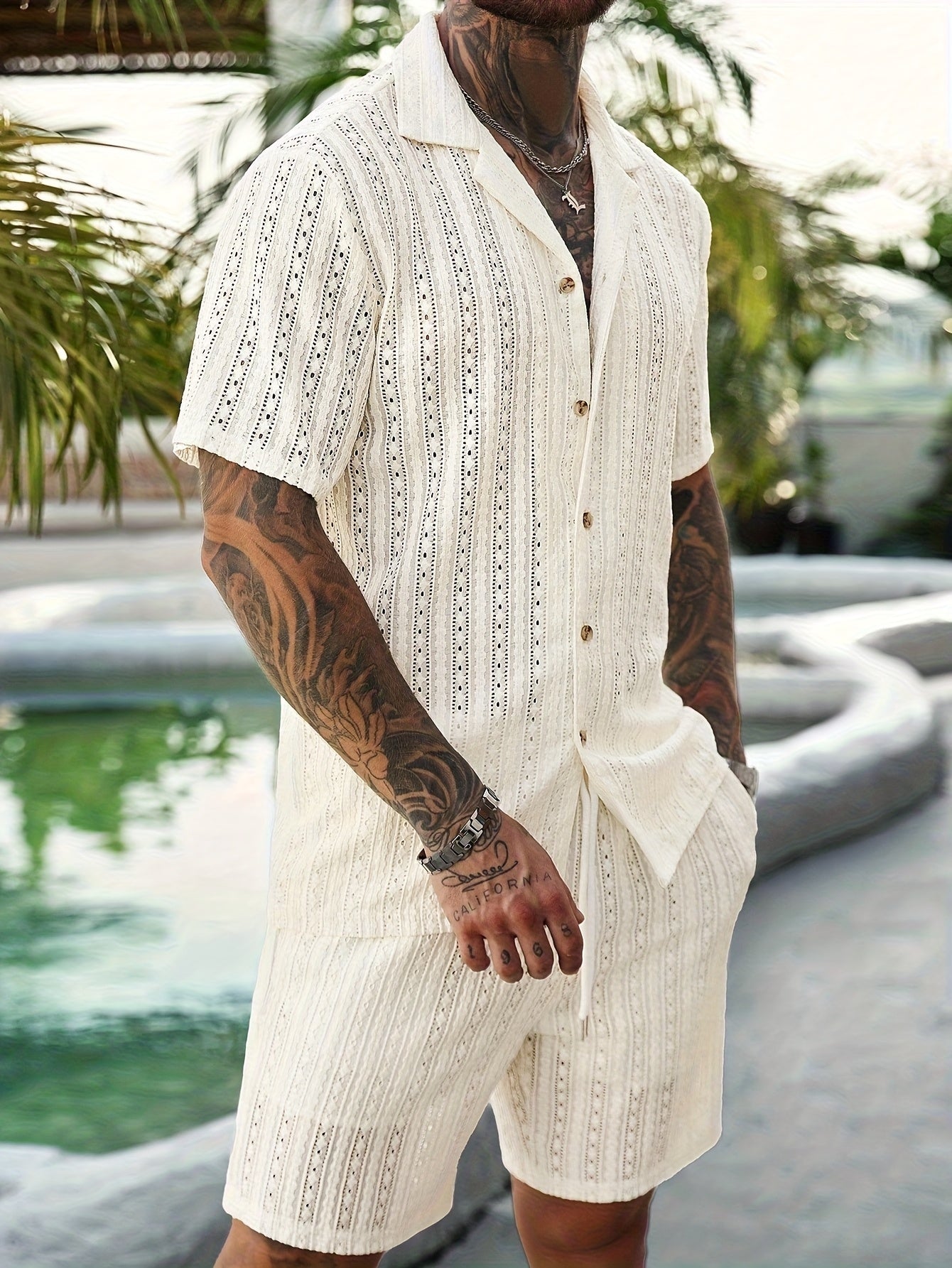 2pcs/Set Men's Solid Color Button- Hollow Shirt And Shorts Set, Vacation Solid Color Husband Casual Wear, Suitable for Vacation, Seaside Beach, Daily Leisure, Summer Wear Men Vacation Outfits Men 2pcs Outfits Summer, Cozy Outfits