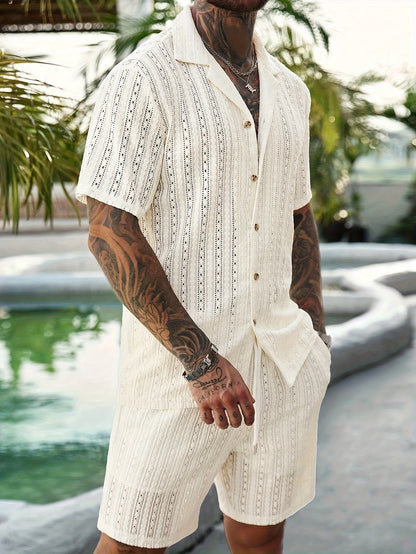2pcs/Set Men's Solid Color Button- Hollow Shirt And Shorts Set, Vacation Solid Color Husband Casual Wear, Suitable for Vacation, Seaside Beach, Daily Leisure, Summer Wear Men Vacation Outfits Men 2pcs Outfits Summer, Cozy Outfits