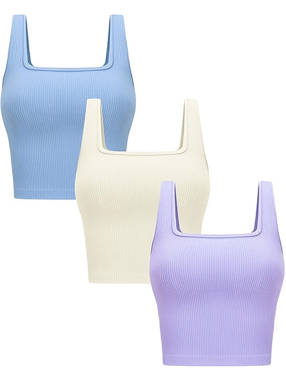 Set of Three Women'S Crop Tank Tops, Featuring a Seamless Ribbed Design, Sleeveless Square Neck, Perfect for Summer Workouts, And