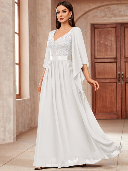 53303 Elegant Women's Lace & Sequin Bridesmaid Dress - A-Line Maxi Wedding Gown with 3/4 Bell Sleeves, V-Neck Color-Block (Bodice &), Machine Washable Bridesmaids Gown for Weddings, Parties, Prom