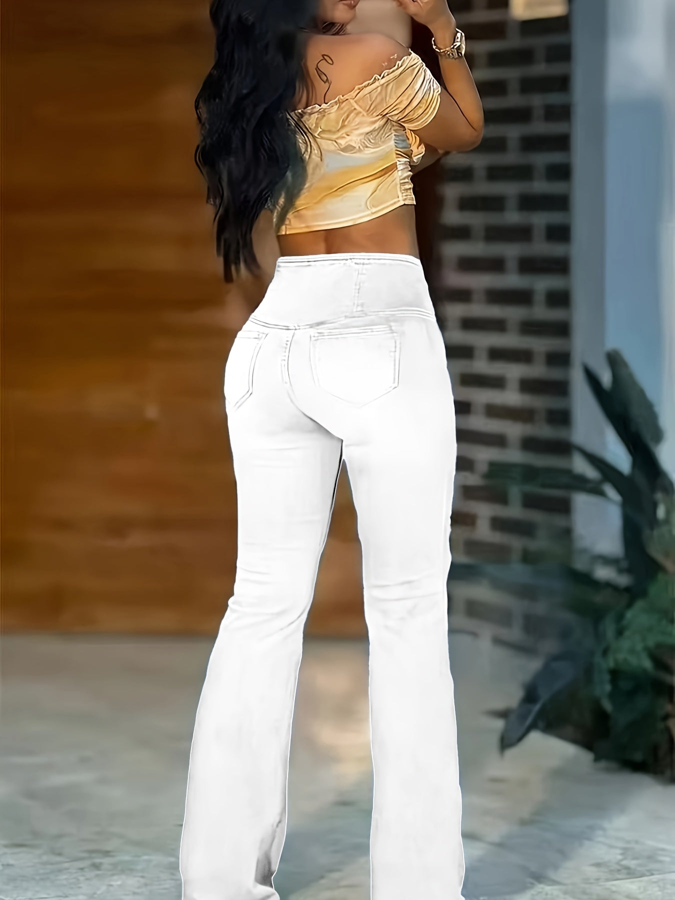 Women's High-Waisted Stretch Jeans - Wide-Leg Bell-Bottom Flared Pants with Cross-Waist , -Like Rayon//Spandex (75/23/2%), All-Season Casual to Dressy Wear, Wrinkle-Resistant Trousers
