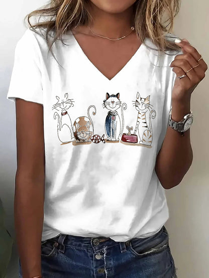 Women'S V-Neck T-Shirt, Standard Size, with Cute Cat Print Design, Suitable for Daily Life, Going Out, And Casual Wear, Making It The Best Gift for Friends And Family.