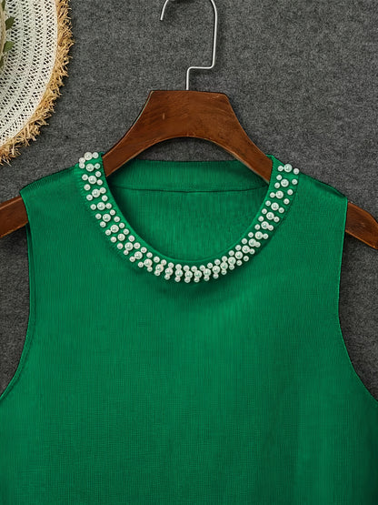 [Plus Size Tank Top] Plus Size - Ladies' Spring/Summer Fashion Nail Bead Solid Color Sleeveless Tank Top Elegant Breathable Large Top