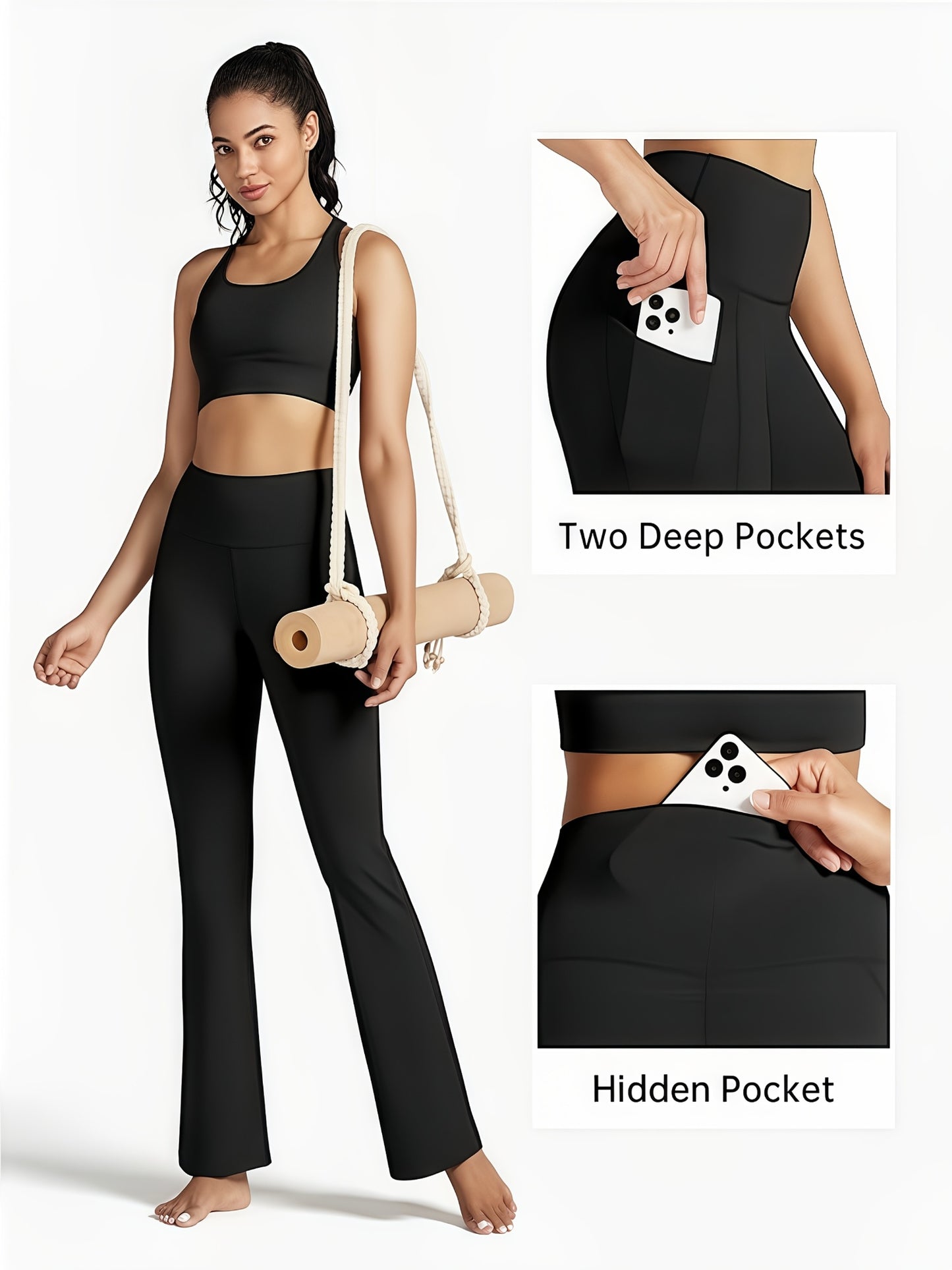Set of 3 Ultra Comfortable High-Rise Flared Trousers - Women'S Tummy Shaping Bootcut Leggings Featuring Pockets