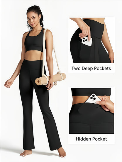 Set of 3 Ultra Comfortable High-Rise Flared Trousers - Women'S Tummy Shaping Bootcut Leggings Featuring Pockets