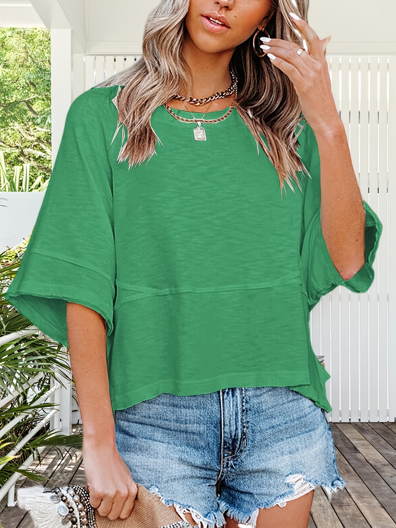 Women'S Summer Casual Crewneck Batwing Half Sleeve T-Shirts Solid Color Loose Fit Cute Basic Flowy Tops Tees Blouses