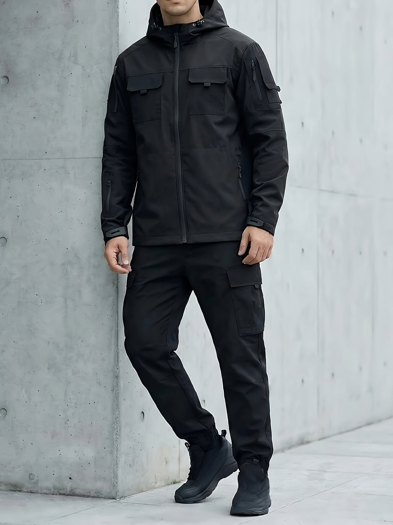 Men's Windproof Outdoor Jacket - Heavy-Duty Full-Zip Hooded Coat with Zippered Pockets, Scratch-Resistant Shell for Hiking, Camping, Hunting (Belt Included) Adjustable Hood -All-in-One Outdoor Shell Coat for Camping Essentials, Rugged Design, Durable