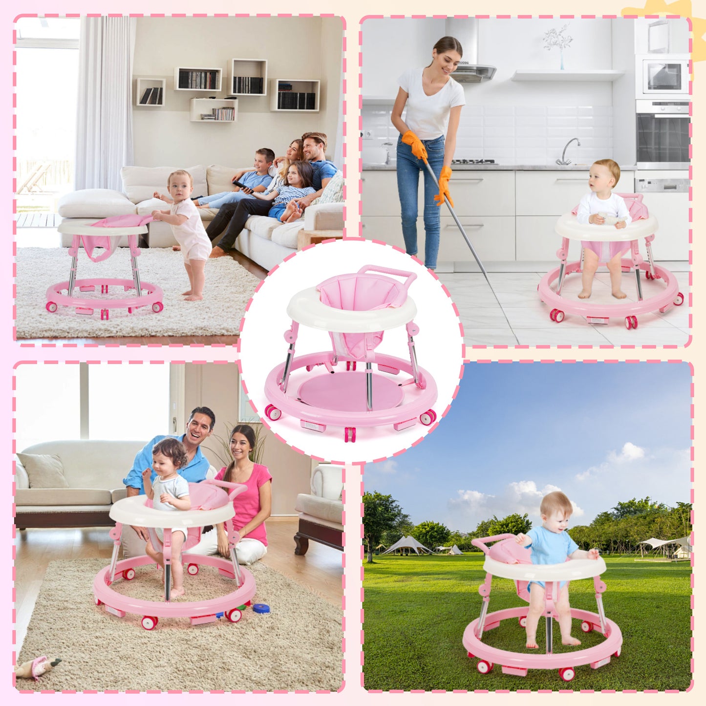 Baby Walker Foldable with 9 Adjustable Heights, Baby Walkers and Activity Center for Boys Girls Babies 6-12 Months, Baby Walker and Bouncer Combo with Wheels Portable Anti-Rollover, Mother's Choice