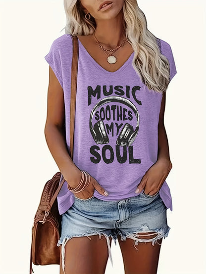 Women'S V-neck Music Festival Letter Print Tank Top- Casual Sleeveless Summer Spring Wear, Machine Washable