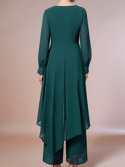 Ladies' Elegant Two-piece Set, Fashionable Chiffon Top with Flowing Sleeves, Wide-leg Pants, And Stylish Accessories - A Must-have Party Dress Pants Set for All Seasons.