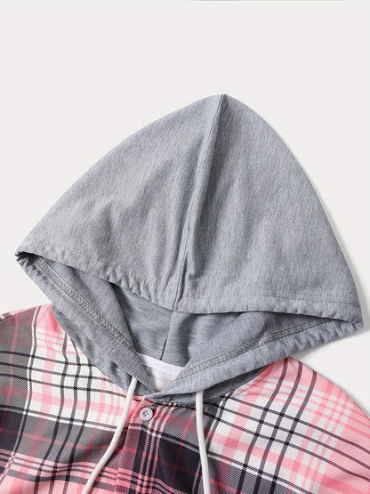 Men'S Plaid Hooded Button-Up Shirt - Long Sleeve Casual Shirt with Adjustable Drawstring Hood, Machine Washable, Spring/Fall Seasonal Transition, Earthy Tones (Brown/Beige/Red/Black/White), Autumn Wardrobe, Hooded Outerwear, No Stretch Fabric