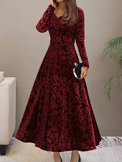 Autumn Women's Velvet Embossed Long Sleeve Dress, Bodycon V-Neck Midi Flared Elegant Evening Party Wedding Guest Gown