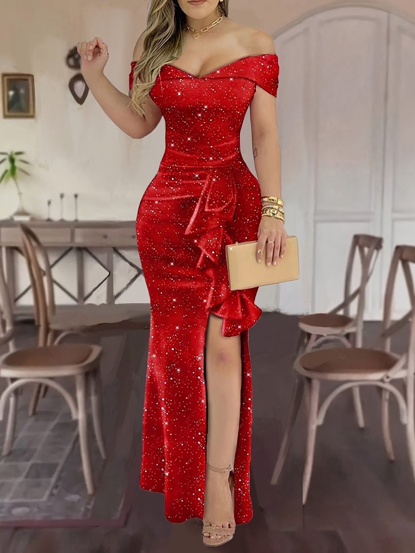 [Valentine's Day Gift] Elegant One-Shoulder Solid Color Slit to Thigh Elegant Peplum Party Sparkly Long Dress for Women, Valentine's Day Gift