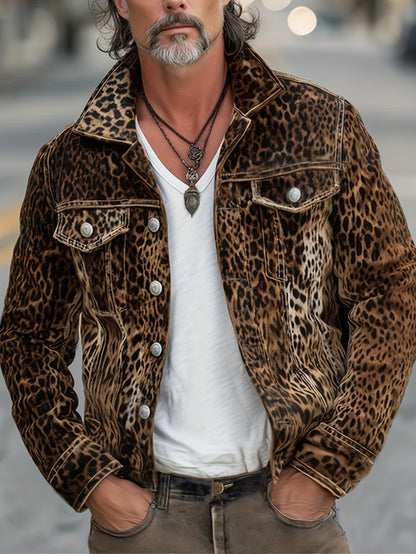 Men'S Slim-Fit Heavy-Duty Denim Jacket with Leopard Print Collar & - Oversized Workwear Coat, Golden-Tone Buttons, Belt Loops & Pocket Details - Casual to Formal Outerwear (Machine Washable) - Mature Men'S Fashion
