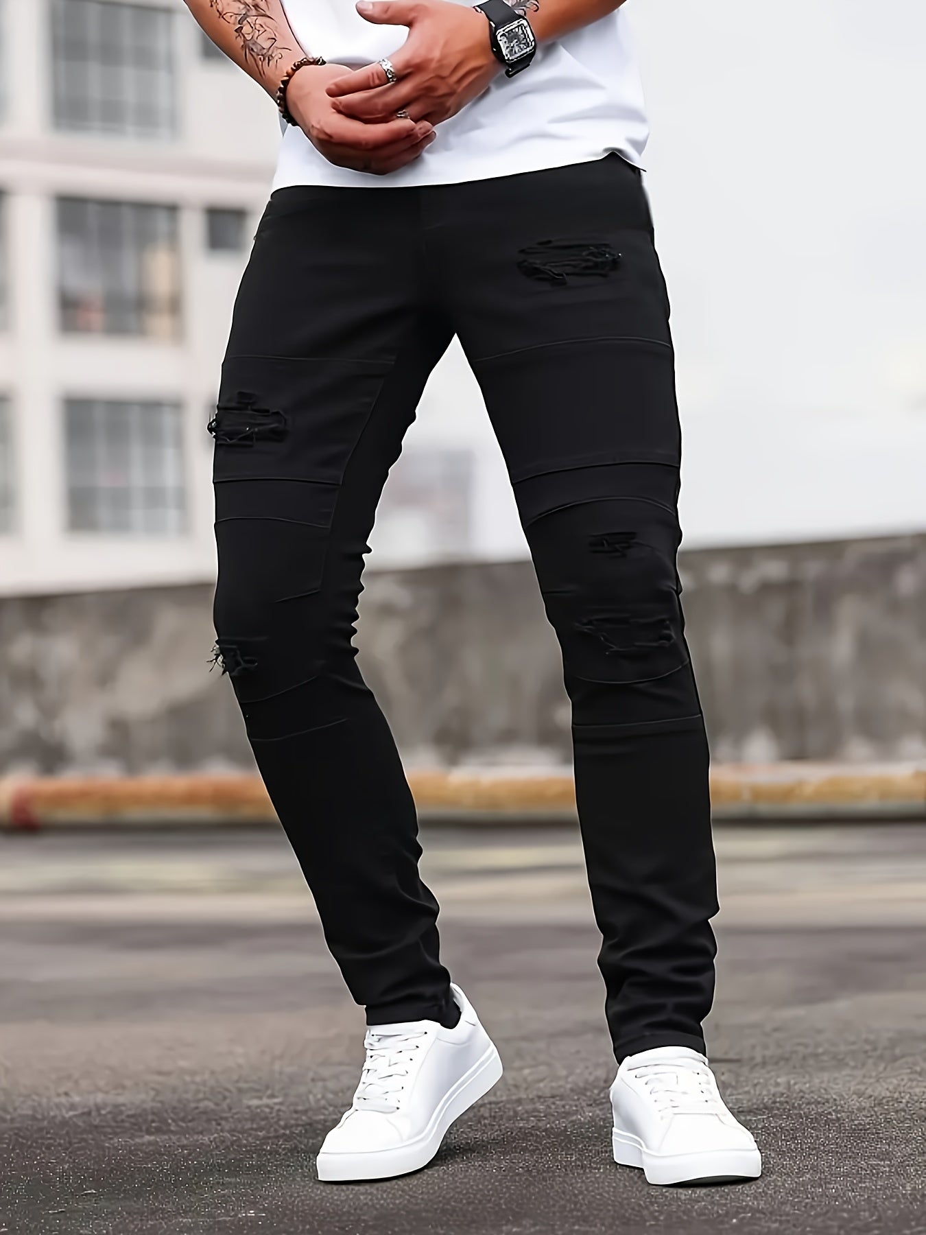 [HME] Men'S Casual Jeans, Fashionable Perforated Patch Style, Three-Dimensional Cut And Patchwork Design, Mid-Waist Elastic Slimming Skinny Pants, Suitable for All Seasons, Essential for Daily Casual Wear Men'S Denim Long Pants