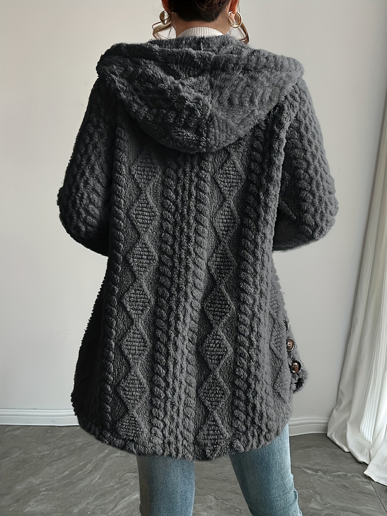 Hooded Fuzzy Coat Mid-Length Jacket with Buttons Soft Warm Winter Fall Outfits 5 Colors