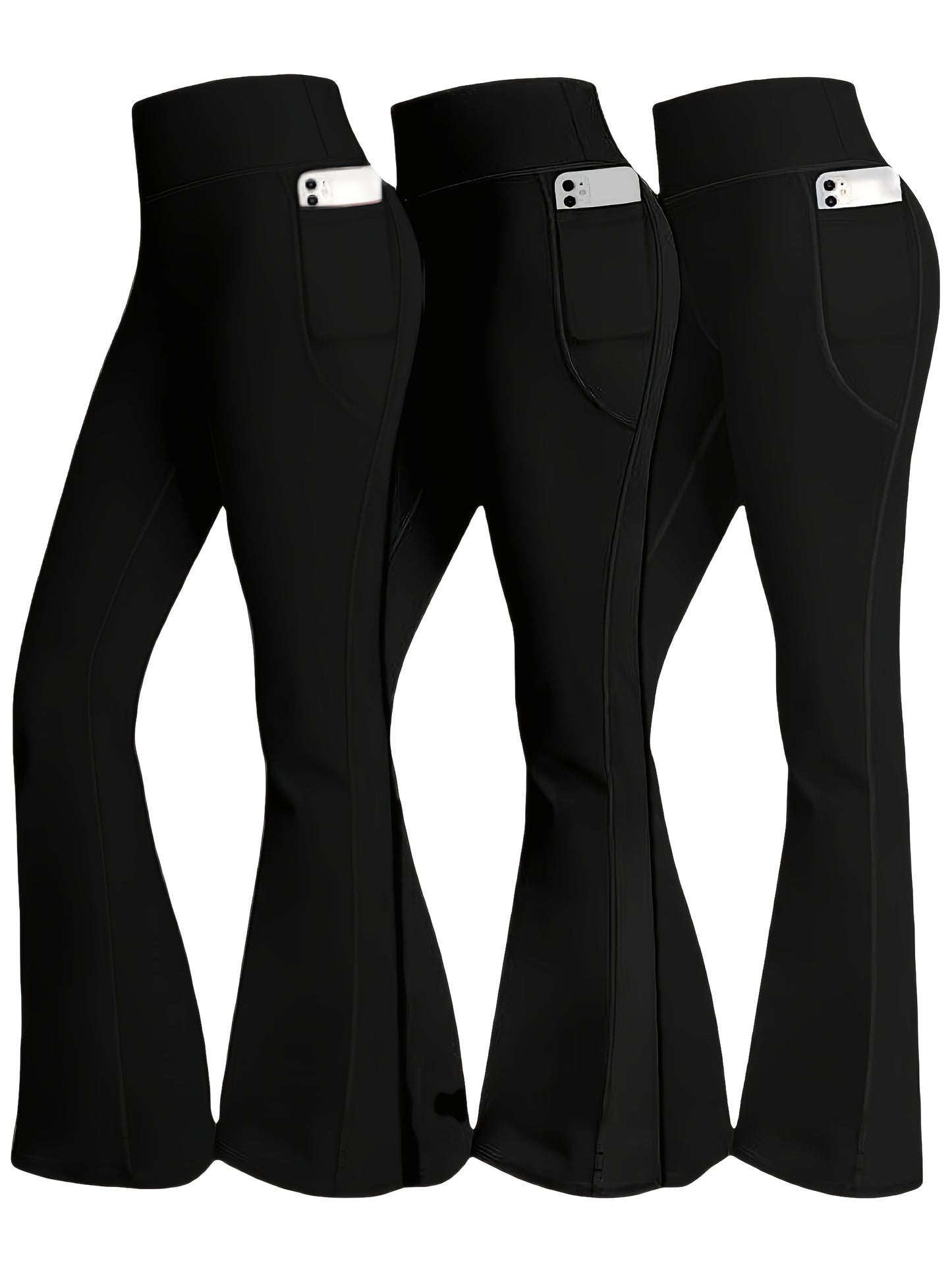 3pcs Fashionable Workwear Style Bell Bottoms, Women Casual Bell Bottoms, High Waist Pocket, Work Style Pants, Quick-Drying Tummy Control Butt Lifting Trousers Flare Leggings