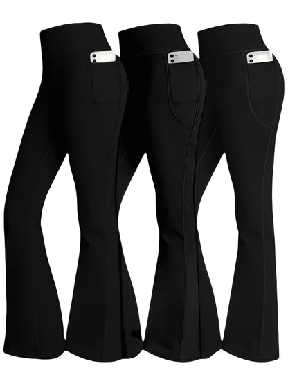 3pcs Fashionable Workwear Style Bell Bottoms, Women Casual Bell Bottoms, High Waist Pocket, Work Style Pants, Quick-Drying Tummy Control Butt Lifting Trousers Flare Leggings