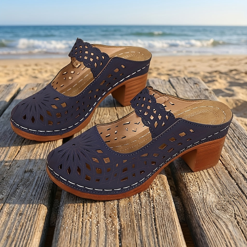 New Summer Women'S High Heel Sandals, Elegant Retro Openwork Breathable Design, Bonded Sewing Craftsmanship, Printed Strap One-Touch Slip-On Style, European And American Style Round Toe Chunky Heel, Back-To-School Season Women'S Shoes, Women Shoes