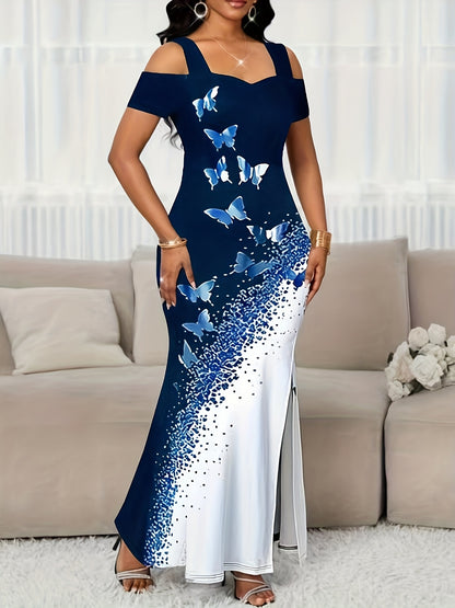 Light Luxury, Charming And Elegant Style, Off-Shoulder Fishtail Long Skirt for Women, Elegant Color-Matching Butterfly Print High-Slit Off-Shoulder Dress, White Carpet Bouquet, Warm And Private Real-Life Shooting, Women'S Sexy Long Skirt
