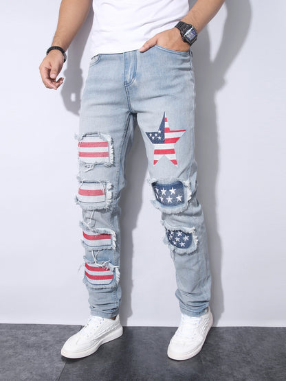Men's Stretch Denim Jeans with Rips, Vintage Patches, And Casual Style, Suitable for All Seasons And Versatile for Outings And Fashion.