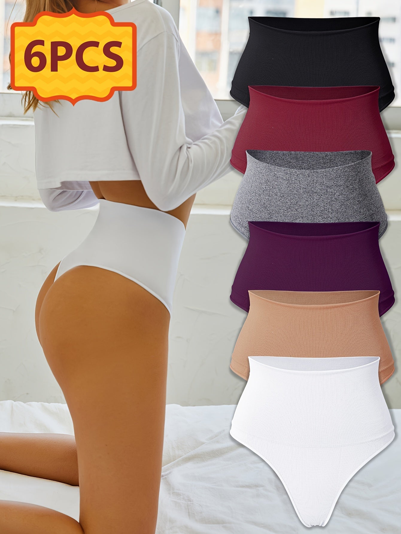 6pcs Women's High Waisted Thong Underwear - Seamless Tummy Tights with Hip Lift & Butt Lifting, Solid Color Breathable Elastic Panties Suitable for Daily Commuting, Gym,, Non- Full Coverage High Panties