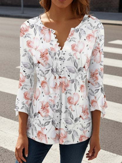Spring And Autumn New Style Printed Button Irregular Three Quarter Sleeve T-Shirt Casual Top