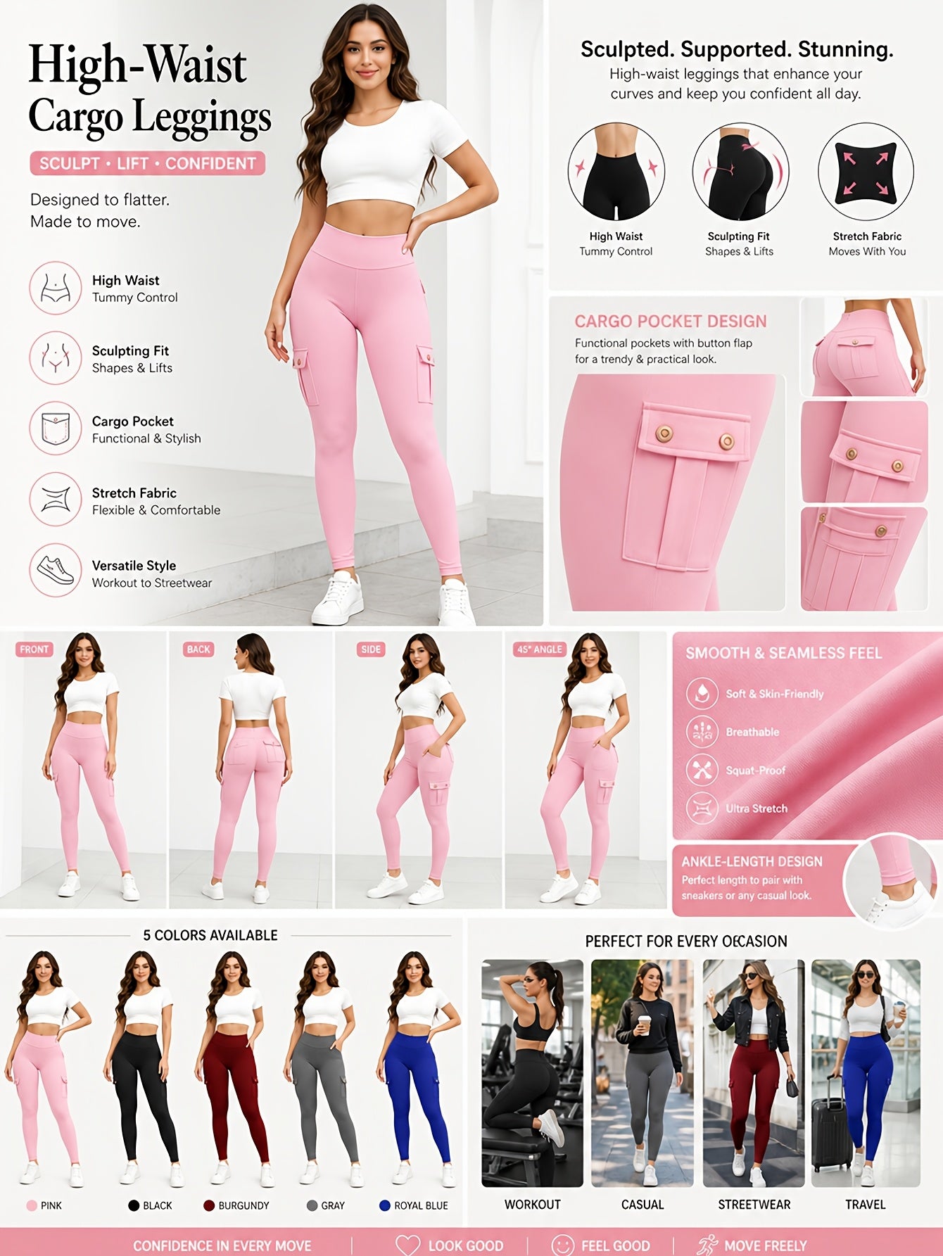 5 Pack Womens High Waist Yoga Leggings 4 Button Large Pockets Tummy Control Slim Fit 4 Way Stretch Soft Breathable Non Restrictive Sports Workout Leggings Great Value Multipack for Gym Running Training Daily Wear Fast Local Warehouse Delivery