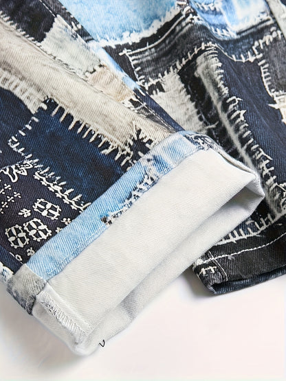 1pc Men's Fashion Denim Jeans, Stretch Slim Fit Washed Denim with Laser Digital Print, Casual Regular Length Pants with Built-in Zipper, Polyester Blend, Mid-Waist for Adult