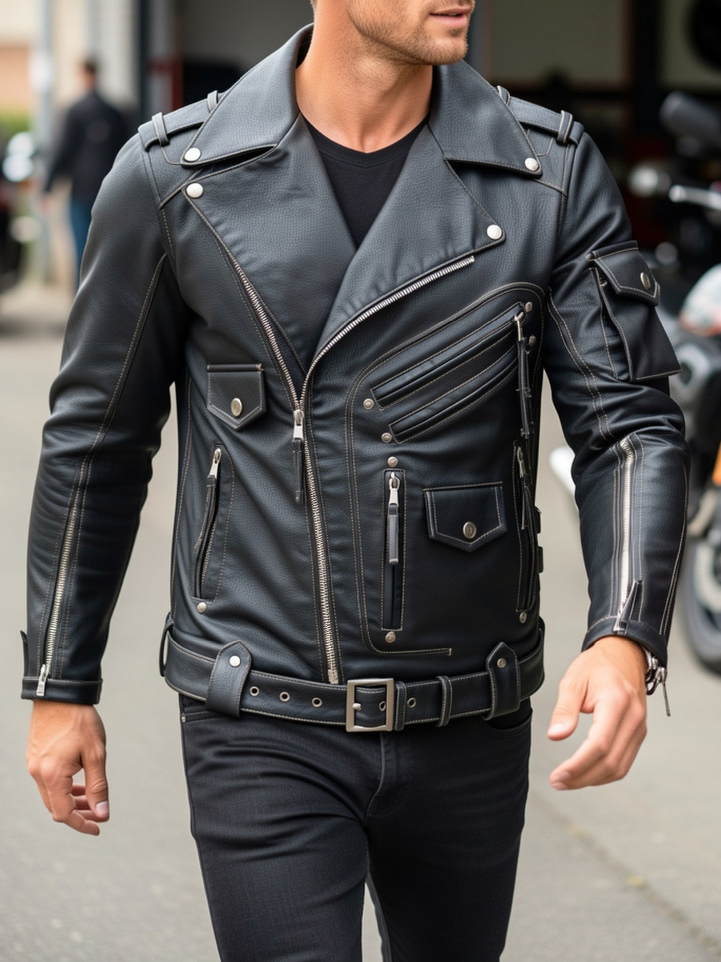 Men's Classic Black Motorcycle Biker Jacket - Multi Zipper Pockets, Adjustable Belt, Vintage Streetwear, Stylish Outerwear for Riding, Travel, Parties, Everyday Urban Look, Gift Idea