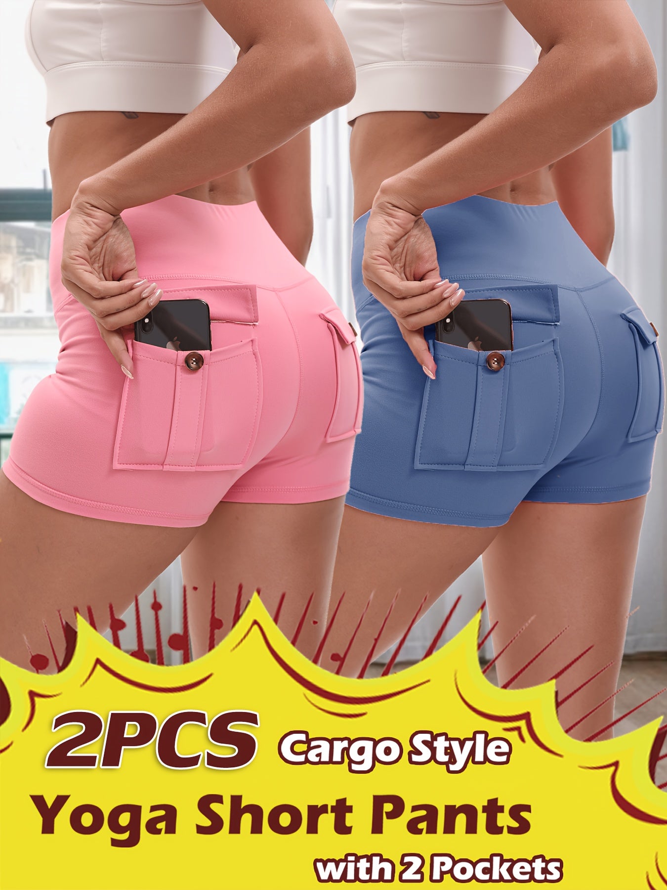 2pcs High Stretch Elastic Waist Cargo Shorts - Women's Shaping, Hip Lifting, Quick-Drying Fitness Pants with 2 Pockets, Solid Color Short Pants Set, Track Shorts Set