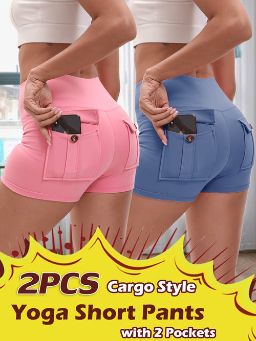 2pcs High Stretch Elastic Waist Cargo Shorts - Women's Shaping, Hip Lifting, Quick-Drying Fitness Pants with 2 Pockets, Solid Color Short Pants Set, Track Shorts Set