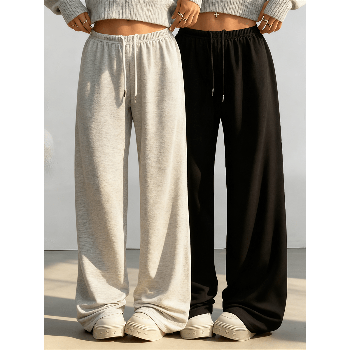 2pcs Women's Casual Wide-leg Pants with Elastic Waistband and Pockets - Elastic, Loose-fitting, Solid Color (black and Gray), Suitable for All Seasons, Comfortable Clothing | Loose Pants | Medium Elastic, Women's Jogging Pants/ Sweatpants/ Training