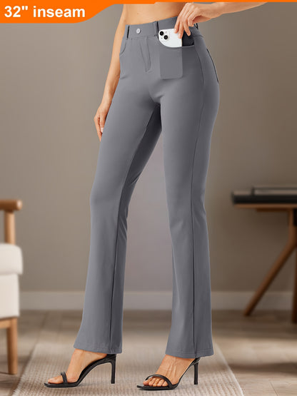 32'' Women's Bootcut Yoga Dress Pants 4 Pockets, Stretch Work Pants, Wrinkle-Free, Lightweight Office Flare Leggings, Wide Leg with Belt Loops, Casual Comfort