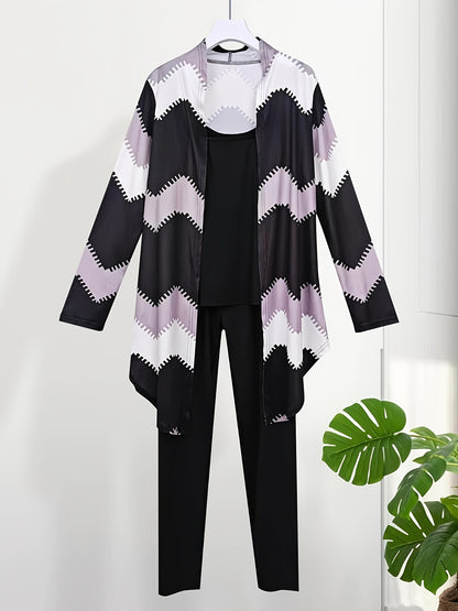 [Printed Flower Dress Set] Women's 3pcs Set, Printed Flower Dress Coat Paired with Plain-colored Casual Pants And Vest for A Daily Outfit