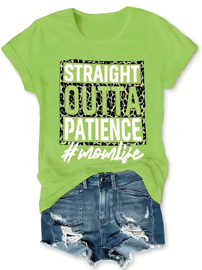 Women'S Casual T-Shirt, Printed with "Patience is Worn Out" Letter Pattern, Short Sleeve Round Neck Design, Suitable for All Seasons, Fabric, Fiber, - Fashionable and Comfortable Clothing