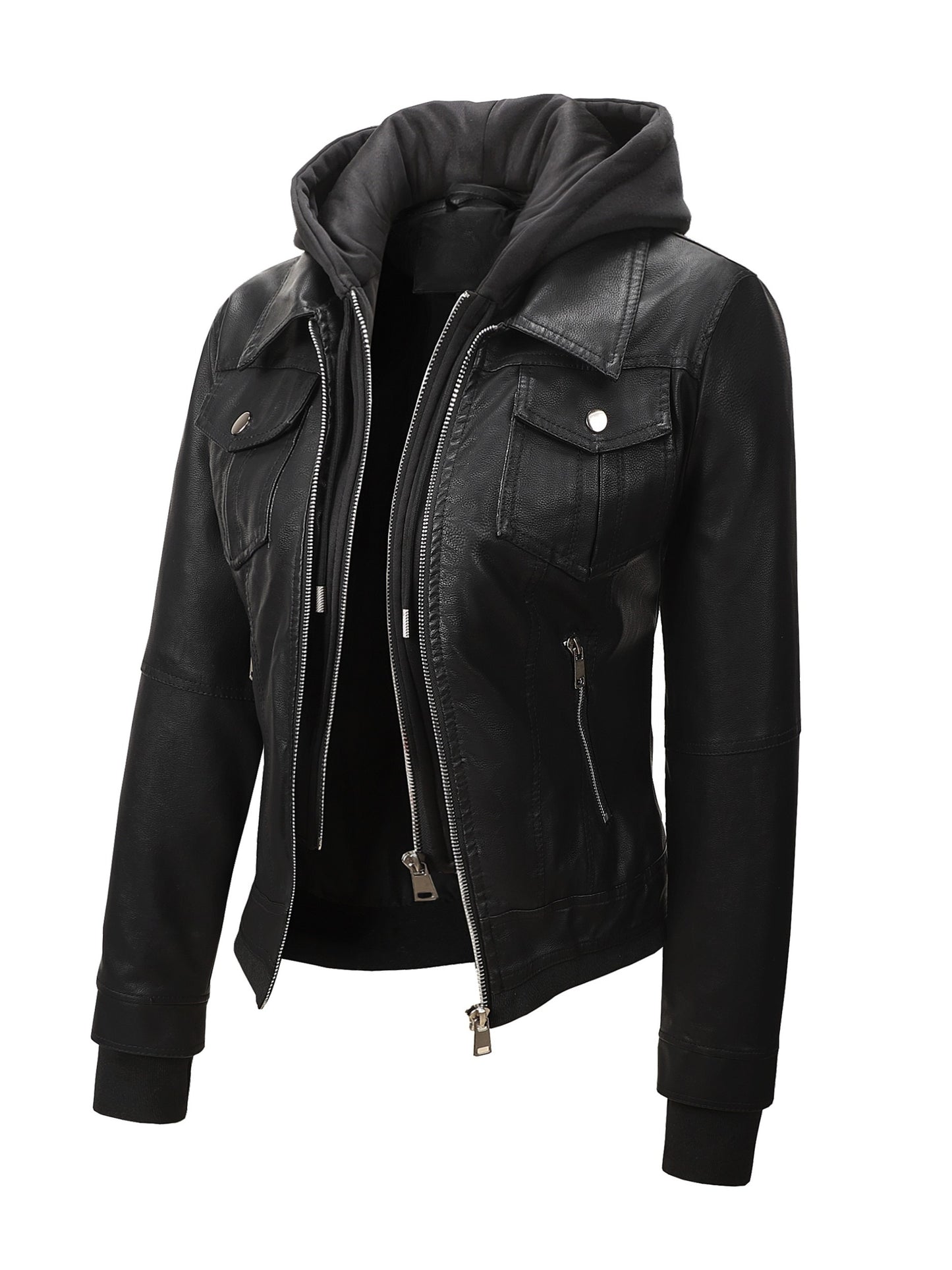 Women's Hooded PU Leather Jacket, Classic Slim-Fit Biker Style with Detachable Hood, Full-Zip PU Leather Coat with Multiple Pockets, Warm Windproof Outerwear for Spring, Fall & Winter Casual & Daily Outfits