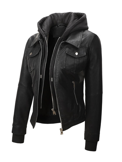 Women's Hooded PU Leather Jacket, Classic Slim-Fit Biker Style with Detachable Hood, Full-Zip PU Leather Coat with Multiple Pockets, Warm Windproof Outerwear for Spring, Fall & Winter Casual & Daily Outfits