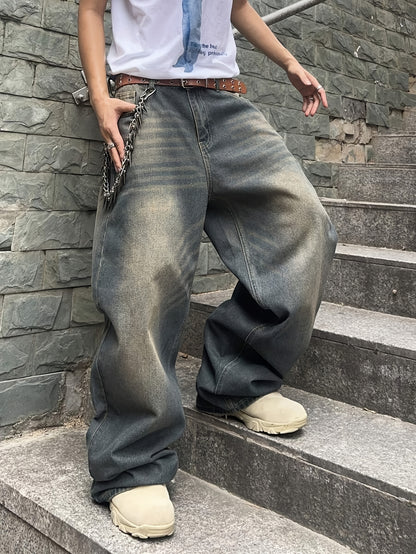 Men'S Casual Loose Fit Jeans, 90% 5% Polyester 5% Bamboo Rayon Rayon Blend, Solid Color Washed Denim, All-Season Non-Stretch Woven Fabric, Regular Length, Allseason Pants | Stylish Casualwear | Nonstretch Denim