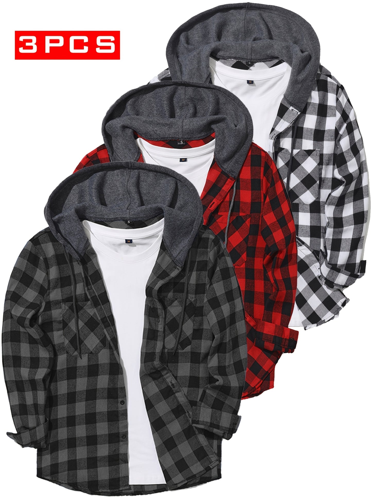 3 Pack Flannel Shirt for Men Long Sleeve Plaid Hoodie Shirt Casual Button Shirt Hooded Fall Jacket with Pocket